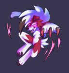  2019 3_fingers 3_toes action_pose ambiguous_gender claws fingers fur glowing glowing_eyes grey_background hair hi_res lycanroc midnight_lycanroc nintendo open_mouth pink_eyes pok&eacute;mon pok&eacute;mon_(species) pose red_body red_fur signature simple_background solo tako0mari toes tongue video_games white_body white_fur white_hair 