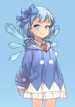  1girl alternate_costume aoi_tsunami blue_bow blue_eyes blue_hair blue_hoodie bow cirno closed_mouth commentary cowboy_shot hair_bow ice ice_wings light_smile long_sleeves looking_at_viewer necktie pom_pom_(clothes) red_neckwear revision shirt short_hair simple_background solo touhou white_shirt wings 