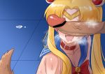  1boy 1girl absurdres bishoujo_senshi_sailor_moon blonde_hair blush breasts cleavage collar crescent crescent_earrings dog_collar dog_tail drooling earrings happy heavy_breathing hetero highres in_heat jewelry medium_breasts nipples open_mouth penis penis_awe penis_on_face precum restrained sailor_collar sailor_moon sailor_moon_redraw_challenge saliva smile sweat tail tsugumi7000 veins veiny_penis 