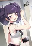  1girl bangs belt crop_top diagonal_bangs earrings from_side highres idolmaster idolmaster_shiny_colors indoors jewelry looking_at_viewer nail_polish purple_eyes purple_hair purple_nails reflection see-through self_shot short_twintails sian signature sleeveless solo tanaka_mamimi twintails 