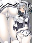  1girl blue_eyes blush bodysuit breasts corset covered_nipples highres kantai_collection large_breasts looking_at_viewer multiple_views silver_hair skirt skirt_lift solo suzutsuki_(kantai_collection) torisan 