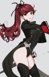  1girl artist_request atlus black_jacket black_legwear black_leotard bow breasts gloves grey_background hair_bow jacket leotard long_hair long_sleeves looking_at_viewer parted_lips persona persona_5 persona_5_the_royal ponytail red_eyes red_gloves red_hair ribbon shiny shiny_skin simple_background solo sword thighhighs weapon yoshizawa_kasumi 