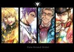  alternate_costume armor beard black_border blonde_hair blue_eyes border brown_hair cape chain chest cigar closed_mouth collar copyright_name epaulettes eyebrows_visible_through_hair facial_hair fate/extra fate/grand_order fate_(series) feather_collar fighting_stance formal from_side gawain_(fate/extra) glasses gloves glowing goatee gradient_hair grey_hair hat highres holy_grail_(fate) james_moriarty_(fate/grand_order) knight knights_of_the_round_table_(fate) lancelot_(fate/grand_order) long_sleeves looking_at_viewer male_focus military military_uniform multicolored_hair multiple_boys mustache napoleon_bonaparte_(fate/grand_order) necktie open_mouth purple_eyes purple_hair sash sideburns smile smirk smoking sparkle tight uniform v vest weapon white_armor white_background yellow_eyes zuman_(zmnjo1440) 