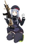  absurdres arimasen_efg17 assault_rifle bag checkered checkered_skirt girls_frontline gloves green_eyes gun h&amp;k_hk416 hair_ornament hairclip heckler_&amp;_koch highres hk416_(girls_frontline) microskirt pantyhose rifle shoulder_bag silver_hair skirt thighhighs thighhighs_over_pantyhose weapon white_gloves 