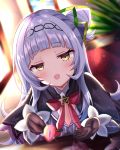  1girl :d bangs black_hair blush cake commentary_request eyebrows_visible_through_hair food fruit hair_bun hairband highres hololive long_hair looking_at_viewer murasaki_shion open_mouth purple_hair shiki_(catbox230123) smile strawberry virtual_youtuber yellow_eyes 