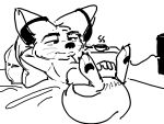 2023 3_fingers 3_toes 4:3 anthro bed beverage canid canine clothing container cup danilo_(tangerine) electronics feet fennec fingers fox furgonomics furniture head_tuft headphones listening_to_music lying lying_on_bed male mammal monochrome on_bed pawpads pillow simple_background sketch solo tangerine_(artist) tea tea_cup toes tuft whiskers