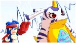 absurd_res angry animal_skin anthro bandai_namco belly belly_markings bodily_fluids boxing_gloves breakup clothing crying digimon digimon_(species) duo fur gabumon gaomon handwear hi_res horn littlevdemagic male male/male markings red_eyes slightly_chubby striped_body striped_fur stripes tears yellow_body yellow_eyes