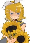  1girl bare_shoulders blonde_hair blue_eyes blush bow detached_sleeves flower grey_sailor_collar grey_sleeves hair_bow hair_ornament hairclip half-closed_eyes halftone highres holding holding_flower kagamine_rin looking_down sailor_collar shirt short_hair skinny sleeveless sleeveless_shirt smile solo sunflower swept_bangs takamiya_yuu vocaloid watermark wavy_eyes wavy_mouth white_bow 