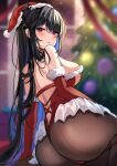  1girl absurdres arm_support ass black_hair black_pantyhose blue_hair blurry blurry_background blush breasts christmas_tree elbow_gloves gloves hair_ornament haruka_ayane hat highres hololive hololive_english indoors large_breasts long_hair looking_at_viewer looking_back mole mole_under_eye multicolored_hair nerissa_ravencroft pantyhose red_eyes santa_costume santa_hat solo two-tone_hair 