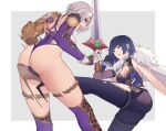  2girls absurdres ass black_gloves black_pants blue_hair bob_cut breasts cleavage commentary_request commission crotch_kick cunt_punt fur_trim genshin_impact gloves high_heels highres holding holding_sword holding_weapon isabella_valentine leggings long_sleeves medium_breasts multiple_girls open_mouth pants pixiv_commission pnatsu purple_thighhighs sleeveless soulcalibur sword thighhighs thighs weapon white_gloves white_hair yelan_(genshin_impact) 