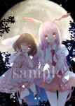  2girls absurdres animal_ears blurry blurry_background breasts brown_hair cacao_(cacaomgmg) carrot_necklace collared_shirt cowboy_shot depth_of_field dress full_body full_moon highres inaba_tewi jewelry long_hair looking_at_viewer lop_rabbit_ears medium_breasts medium_hair moon multiple_girls necklace necktie open_mouth outdoors pink_dress pink_hair pink_skirt pleated_skirt puffy_short_sleeves puffy_sleeves rabbit_ears red_eyes red_necktie reisen_udongein_inaba sample_watermark shirt short_sleeves skirt small_breasts teeth touhou upper_teeth_only very_long_hair watermark white_shirt 