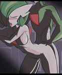  1girl abs animal blush breasts closed_eyes gallade gardevoir gen_3_pokemon gen_4_pokemon green_hair hetero medium_breasts nintendo nipples no_humans pokemon pokemon_(creature) sex source_request sweat uranoyoru 