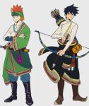  2boys alternate_costume arrow_(projectile) black_footwear black_hair boots bow_(weapon) brown_footwear closed_mouth clothing_request commentary_request crossed_arms full_body headband holding holding_arrow holding_bow_(weapon) holding_weapon jewelry kageyama_ritsu long_sleeves looking_at_viewer male_focus mob_psycho_100 multiple_boys necklace orange_hair quiver r.n short_hair simple_background smile standing suzuki_shou sword weapon white_background 