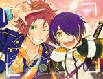  250peicai 2boys blazer blonde_hair blue_jacket ensemble_stars! green_eyes highres hood hood_down isara_mao jacket multicolored_hair multiple_boys one_eye_closed open_mouth orange_eyes purple_hair recording red_hair sengoku_shinobu ship_name smile teeth white_jacket 