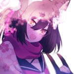  1girl :d \m/ animal_ears black_sailor_collar blue_archive brown_hair cherry_blossom_print close-up commentary_request dappled_sunlight fang floral_print fox_ears fox_girl fox_mask hair_between_eyes hair_ornament happy highres izuna_(blue_archive) looking_at_viewer mask mask_on_head medium_hair momokokuma open_mouth pom_pom_(clothes) pom_pom_hair_ornament red_scarf sailor_collar scarf simple_background skin_fang smile solo sunlight white_background yellow_eyes 