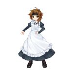  1other alternate_costume androgynous anmita_(rarutos) apron black_dress black_footwear brown_eyes brown_hair brown_socks closed_mouth commentary_request dress enmaided frilled_apron frills full_body hand_on_own_hip juliet_sleeves kurohebi len&#039;en long_sleeves maid maid_apron medium_hair other_focus puffy_sleeves smile socks solo tachi-e white_apron 