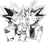  2boys collar crossed_arms greyscale highres jacket looking_at_another monochrome multiple_boys one_eye_closed spiked_hair tok_nuts upper_body white_background yami_yuugi yu-gi-oh! 