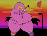 absurd_res anthro avian bellyboi13 big_butt bird butt flamingo hi_res holding_butt huge_butt long_neck looking_back male simple_background solo thick_thighs