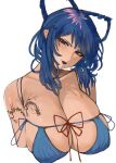  1girl blue_bra blue_eyes blue_hair bra breasts cleavage commentary english_commentary hair_rings highres huge_breasts kaku_seiga looking_at_viewer mole mole_on_breast mole_under_eye simple_background solo tattoo tomatolover16 touhou underwear upper_body white_background 