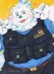 2023 96panda absurd_res anthro belly big_belly bottomwear canid canine canis clothing domestic_dog fur hi_res kemono lifewonders live_a_hero male mammal one_eye_closed overweight overweight_male pants shirt simple_background solo tongue tongue_out topwear white_body white_fur wink yohack