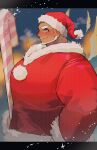  1boy absurdres alternate_costume bara beard blonde_hair blush candy candy_cane character_request cosplay facial_hair food from_side full_beard highres huge_eyebrows huge_pectorals looking_at_viewer male_focus mismatched_eyebrows muscular muscular_male profile red_nose santa_claus shiratori_yokikana short_hair sideburns_stubble sideways_glance smile solo star-shaped_pupils star_(symbol) symbol-shaped_pupils tareme tokyo_afterschool_summoners upper_body 