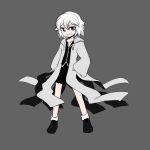  1other androgynous anmita_(rarutos) black_shirt black_skirt blue_eyes coat commentary_request full_body grey_background grey_coat hood hood_down hooded_coat len&#039;en long_sleeves miniskirt open_clothes open_coat open_mouth original other_focus shirt shitodo_hoojiro shitodo_hoojiro_(anmita) short_hair simple_background sketch skirt sleeves_past_wrists smile socks solo white_hair white_socks 