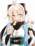  1girl ahoge black_bow black_scarf blonde_hair blush bow closed_mouth dango eating fate/grand_order fate_(series) food food_on_face hair_bow haori holding holding_food japanese_clothes kimono looking_to_the_side okita_souji_(fate) okita_souji_(koha-ace) scarf shiho_(shihoteifujo) simple_background solo wagashi white_background white_kimono yellow_eyes 