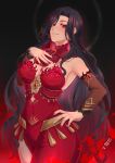  absurdres araya_rosei black_hair breasts dark-skinned_female dark_skin dress earrings gem hand_on_own_chest hand_on_own_hip highres jewelry large_breasts long_hair nijisanji nijisanji_en red_dress red_eyes red_gemstone red_nails scarle_yonaguni scarle_yonaguni_(2nd_costume) side_slit virtual_youtuber wavy_hair 