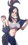  1girl absurdres black_hair blue_hair blush breasts cleavage clothes_lift clothes_pull crop_top dendra_(pokemon) fangs highres holding holding_poke_ball jacket jacket_lift looking_at_viewer medium_breasts multicolored_hair navel open_clothes open_jacket open_mouth poke_ball pokemon pokemon_sv ponytail sho-n-d sidelocks simple_background solo stomach teeth tongue two-tone_hair white_background 