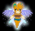 absurd_res anthro big_breasts black_background breasts brown_eyes crystal feathers female generation_9_pokemon glowing hi_res monterrioashmore nintendo pawmot pokemon pokemon_(species) simple_background solo sparkles tangerie_the_pawmot terastallization wide_hips wings