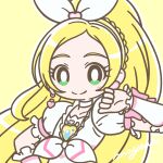  1girl blonde_hair blush bow bright_pupils brooch choker clenched_hand closed_mouth cure_rhythm earrings eyelashes frills green_eyes hair_bow hair_ornament hand_on_own_hip heart heart_earrings highres jewelry long_hair looking_at_viewer magical_girl mayena minamino_kanade outline ponytail precure puffy_short_sleeves puffy_sleeves ribbon short_sleeves signature simple_background smile solo suite_precure upper_body white_choker white_outline white_pupils white_ribbon wrist_cuffs yellow_background 