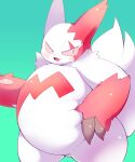 anthro belly blush claws cosith fur generation_3_pokemon hi_res male nintendo overweight pinch pinching_belly pink_eyes pokemon pokemon_(species) smile solo white_body white_fur zangoose