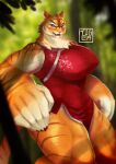 absurd_res agitype01 anthro biped breasts clothed clothing detailed_background felid female fur hi_res mammal nipple_outline open_mouth orange_body orange_fur pantherine solo tiger