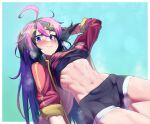  1girl abs antenna_hair arm_behind_head bandage_on_face bandages black_hair blush chase_chase_jokers jacket mikichika muscular muscular_female open_clothes open_jacket pink_hair purple_eyes shorts smile sweat toned 