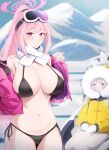  2girls absurdres bikini black_bikini blue_archive breasts eimi_(blue_archive) eimi_(swimsuit)_(blue_archive) fur-trimmed_hood fur_trim goggles goggles_on_head halo high_ponytail highres himari_(blue_archive) hood hood_up jacket kisa_(leg3043) large_breasts long_hair long_sleeves looking_at_viewer multiple_girls navel open_clothes open_jacket outdoors pink_hair pink_jacket powered_wheelchair purple_eyes scarf side-tie_bikini_bottom sitting snow swimsuit trembling wheelchair white_scarf yellow_jacket 