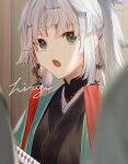  1girl :o androgynous aqua_kimono earrings fate/samurai_remnant fate_(series) green_eyes japanese_clothes jewelry katana kibou kimono long_hair open_mouth ponytail sidelocks signature solo sword weapon yui_shousetsu_(fate) 