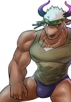 accessory anthro body_hair brown_body brown_fur bulge chest_hair clothing fur hair headband hi_res horn lifewonders male muscular muscular_anthro muscular_male pecs shennong shirt sitting solo tank_top thong tokyo_afterschool_summoners topwear underwear white_hair wolfmanwilk