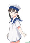  1girl absurdres black_hair blue_collar collar dress hat highres kantai_collection one-hour_drawing_challenge purple_eyes robinson_(day_l_full) sailor_dress sailor_hat short_hair short_sleeves shounan_(kancolle) simple_background smile solo standing twintails white_background white_dress white_headwear 