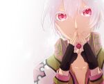  1boy alternate_color arch_bishop_(ragnarok_online) black_gloves capelet choker closed_mouth collared_shirt colored_eyelashes commentary_request cross cross_of_prontera fingerless_gloves flowery_peko gloves gold_trim hair_between_eyes looking_at_viewer male_focus medium_bangs official_alternate_costume pink_eyes pink_shirt ragnarok_online shirt short_hair simple_background smile solo steepled_fingers twitter_username upper_body white_background white_capelet white_choker white_hair 
