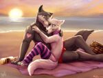 &lt;3 2020 anthro beach bulge canid canine canis claws clothed clothing collar cuddling digital_media_(artwork) duo embrace eye_contact feet fluffy fluffy_tail fur girly grey_body grey_fur happy heart_(marking) hug kaotikjuju legwear looking_at_another love male male/male mammal nature no_underwear outside pawpads romantic romantic_ambiance romantic_couple seaside sitting smile stockings sunset tail thigh_highs toe_claws topless underwear underwear_only water white_body white_fur wolf