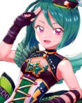  1girl :d bare_shoulders black_gloves character_name cleavage_cutout clothing_cutout fingerless_gloves fishnets gloves green_hair hand_up hat highres hizuki_(hiduki6121) idol_clothes kiratto_pri_chan looking_at_viewer midorikawa_sara mini_hat open_mouth pink_eyes pink_gemstone pretty_series salute short_hair simple_background smile solo star_(symbol) two-finger_salute upper_body 
