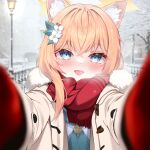  1girl animal_ears blue_archive blue_eyes blush breath coat duffel_coat fake_animal_ears flower fur-trimmed_coat fur_trim gloves hair_between_eyes hair_flower hair_ornament halo highres long_hair long_sleeves looking_at_viewer mari_(blue_archive) meme nejime open_clothes open_coat open_mouth orange_hair pov_cheek_warming_(meme) reaching reaching_towards_viewer red_gloves red_scarf scarf smile solo white_coat white_flower winter_gloves yellow_halo yeosi 