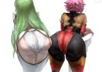  2girls absurdres ass ass_cutout ass_focus bent_over black_bodysuit bodysuit c.c. cameltoe clothing_cutout code_geass dated feet_out_of_frame from_behind gold_trim green_hair high_heels highres kallen_stadtfeld legs long_hair midnight_(midnightstream3) multicolored_bodysuit multicolored_clothes multiple_girls panties pink_hair red_bodysuit short_hair simple_background sweatdrop thighs twitter_username underwear white_background white_bodysuit white_panties 