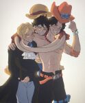  3boys ^_^ affectionate arm_tattoo ascot belt black_hair blonde_hair blue_shirt bracelet closed_eyes coat cowboy_shot eiriseth elbow_pads english_commentary hat highres holding holding_clothes holding_hat hug hug_from_behind jewelry log_pose male_focus monkey_d._luffy multiple_boys necklace one_piece orange_belt orange_headwear pants portgas_d._ace sabo_(one_piece) sash scar scar_on_face shirt short_hair shorts simple_background smile straw_hat tattoo torso white_ascot yellow_sash 