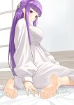  1girl absurdres artist_name barefoot blunt_bangs blush breasts dress feet fern_(sousou_no_frieren) from_behind full_body hair_ornament highres large_breasts long_hair long_sleeves looking_at_viewer looking_back mbr90munouk open_mouth puffy_sleeves purple_eyes purple_hair sidelocks signature sitting soles solo sousou_no_frieren toes twitter_username white_dress 