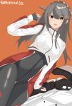  1girl alternate_costume biker_clothes bikesuit black_bodysuit black_hair bodysuit brown_eyes cropped_jacket feet_out_of_frame hair_ornament hairband hairclip haruna_(kancolle) headgear highres jacket kantai_collection leaning_forward long_hair miron_(mirona33) motor_vehicle motorcycle orange_background simple_background solo twitter_username white_jacket 