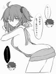  1boy 1girl ahoge ass backless_dress backless_outfit bare_back bare_shoulders blush breasts commentary_request dress fate/grand_order fate_(series) fujimaru_ritsuka_(female) fujimaru_ritsuka_(male) greyscale hair_between_eyes hair_ornament hair_scrunchie highres looking_at_viewer medium_breasts meme_attire monochrome naked_sweater ribbed_sweater scrunchie short_hair side_ponytail sideboob simple_background smile speech_bubble sweater sweater_dress translation_request turtleneck turtleneck_sweater virgin_killer_sweater white_background yukihara_sbgd 