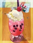  1other cherry cup drink drinking_glass drinking_straw food food_focus fruit ice_cream ice_cream_float indoors mint miri_illust original solo table wooden_table 