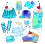  candy cherry food food_focus fork fruit gelatin highres ice_cream ice_cream_float lemon lemon_slice lollipop macaron miri_illust no_humans original popsicle whipped_cream 