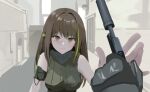  1girl annoyed black_gloves breasts brown_eyes brown_hair counter-strike_(series) counter-strike_2 danraz0r girls&#039;_frontline gloves green_shirt gun h&amp;k_usp handgun looking_at_viewer m4a1_(girls&#039;_frontline) multicolored_hair pov shirt sketch sleeveless sleeveless_shirt streaked_hair suppressor weapon 